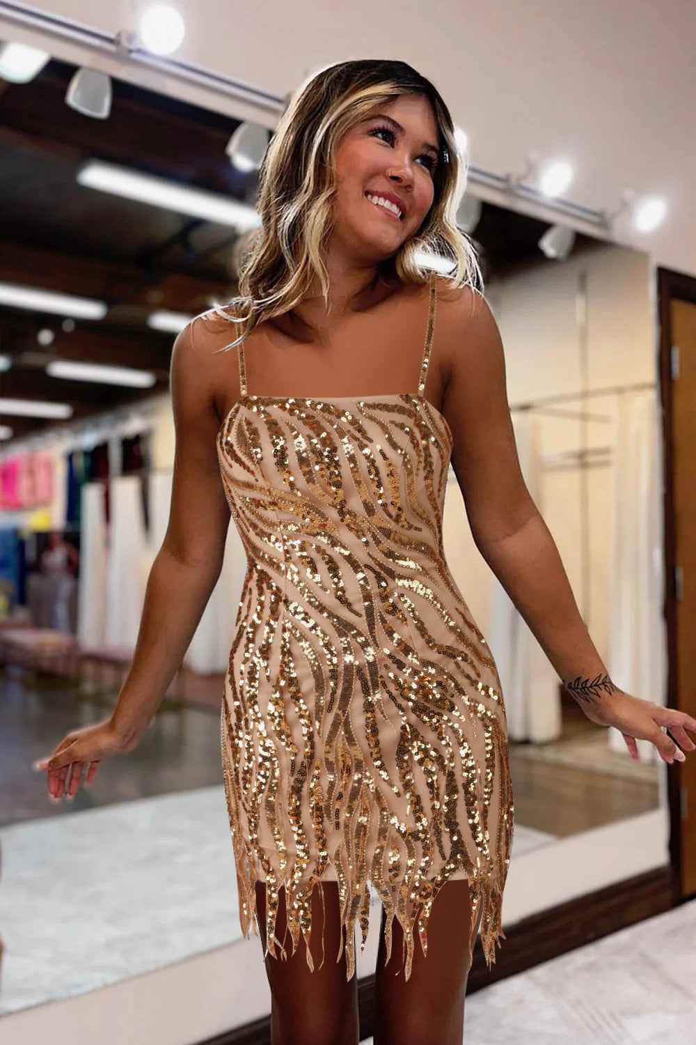 Sparkly Fuchsia Beaded Sequin Tight Short Homecoming Dress with Fringes Bmbride