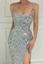 Chic Silver Strapless Mermaid Prom Dress Long Split With Sequins