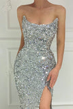 Modern Silver Split Strapless Mermaid Long Prom Dress with Sequins BM bride