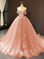 Off the Shoulder Elegant Princess Pink Sweetheart Long Prom Dress