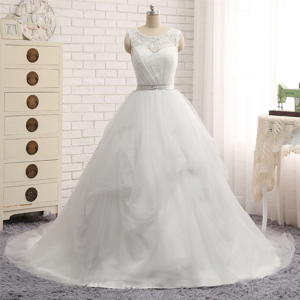 Princess Jewel Neck Long Wedding Dress with Tulle Lace BM bride