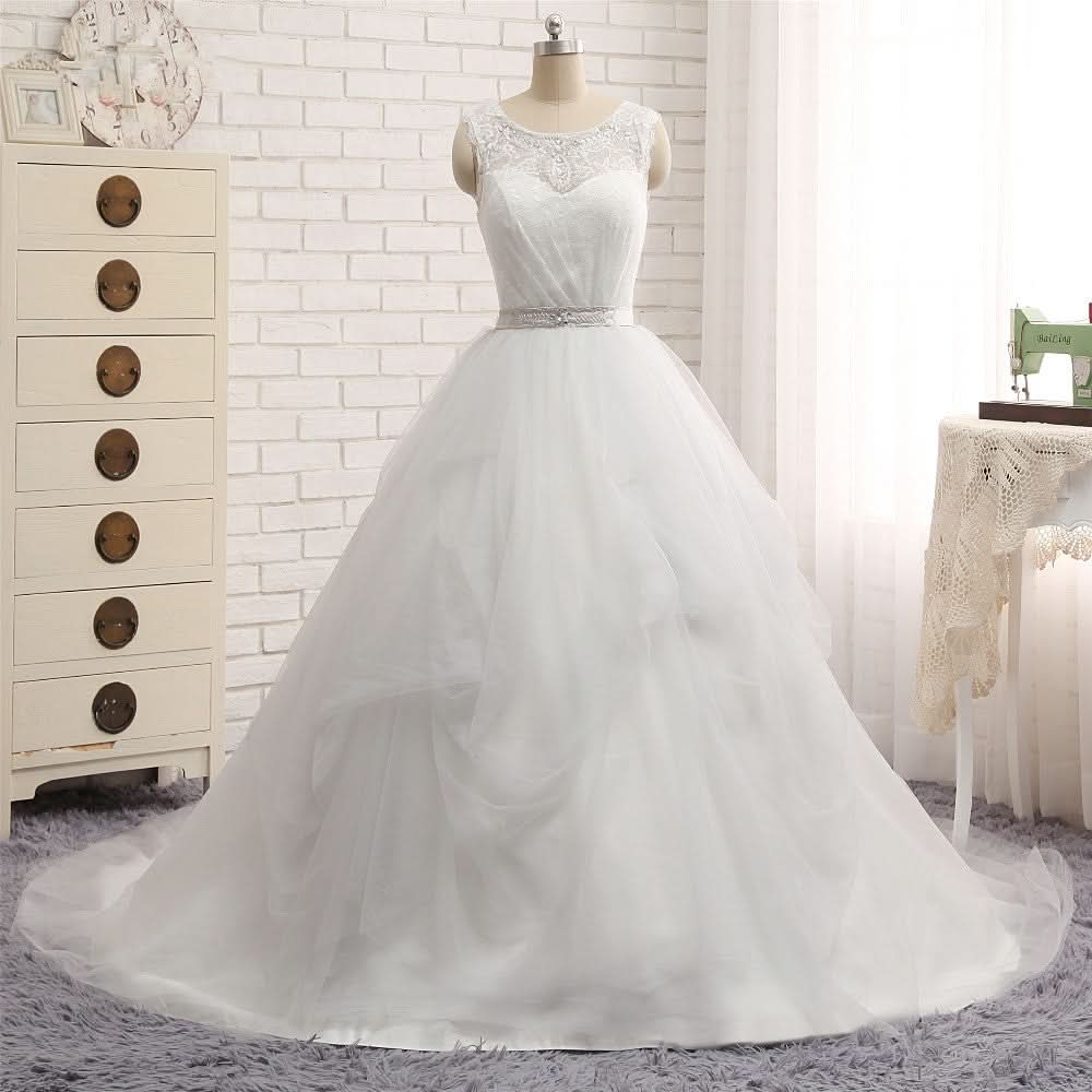 Princess Jewel Neck Long Wedding Dress with Tulle Lace BM bride