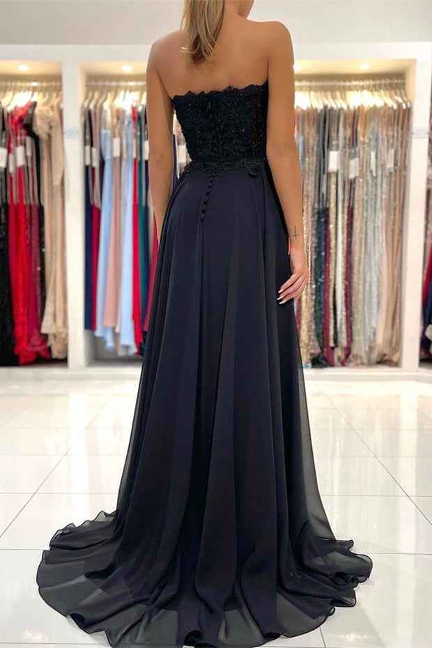 Black Sweetheart Strapless Sleeveless Split Long Prom Dress With Appliques
