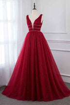 Burgundy V Neck Sleeveless A Line Long Prom Dress With Beading