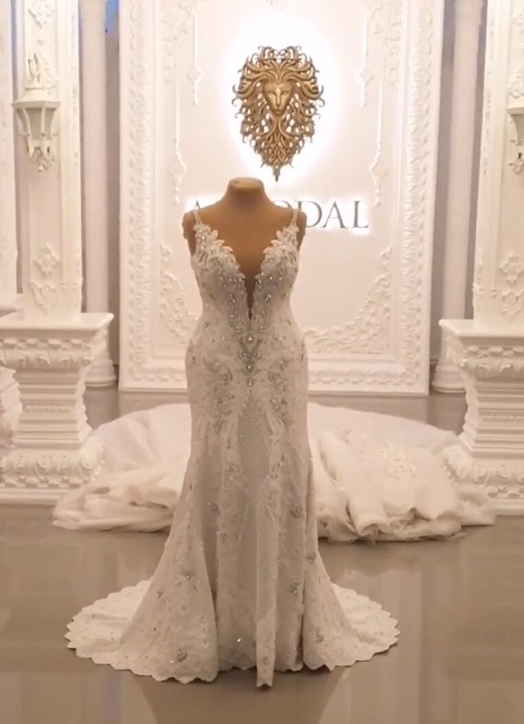 Spaghetti-Straps Sweetheart A-line Backless Wedding Dress With Appliques Lace BM bride