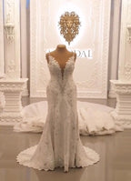 Spaghetti-Straps Sweetheart A-line Backless Wedding Dress With Appliques Lace BM bride