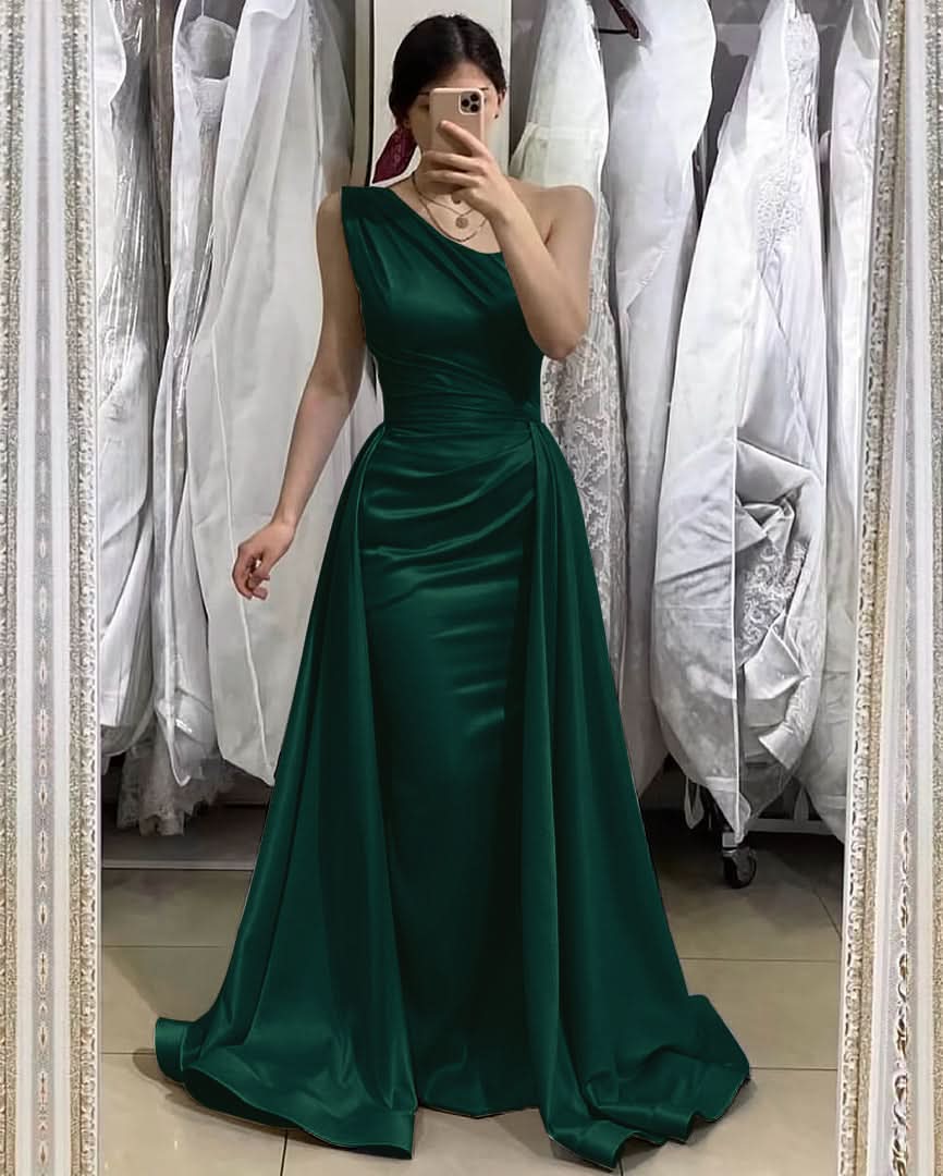 Light Blue One-Shoulder Sleeveless Long Mermaid Prom Dress with Detachable Skirt BM bride