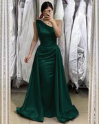 Light Blue One-Shoulder Sleeveless Long Mermaid Prom Dress with Detachable Skirt BM bride