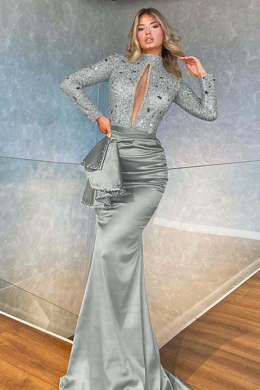 High Collar Long Sleeves Mermaid Pleated Sequins Prom Dress With Beadings BMBRIDE