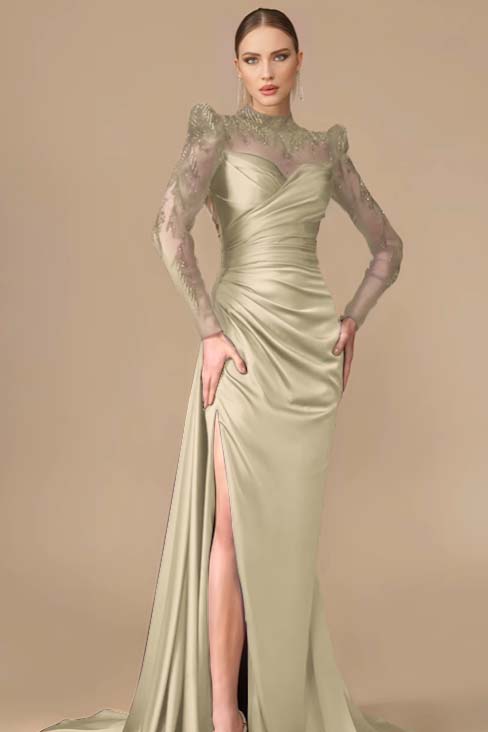 Long Sleeves Long Mermaid Prom Dress With Split Pleated Appliques BMBRIDE