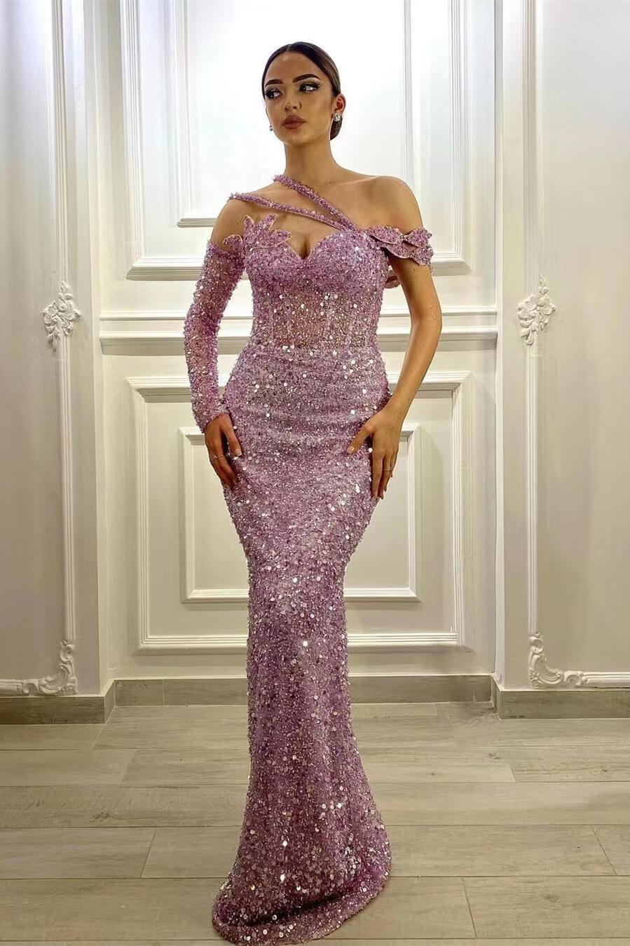 Gorgeous Long Sleeves One Shoulder Lavender Prom Dress Mermaid With Sequins