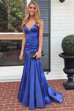 Mermaid Royal Blue Spaghetti Strap V Neck Sleeveless Long Prom Dress