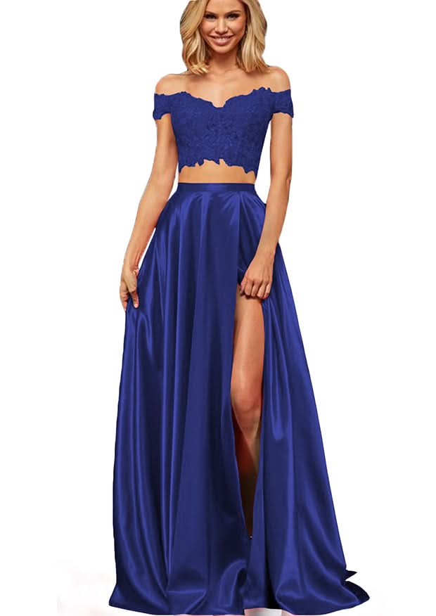 Off-the-Shoulder Two Pieces Prom Dress with Appliques and Slit BM bride