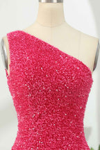 Hot Pink Open Sequins One Shoulder Tight Homecoming Dress Bmbride
