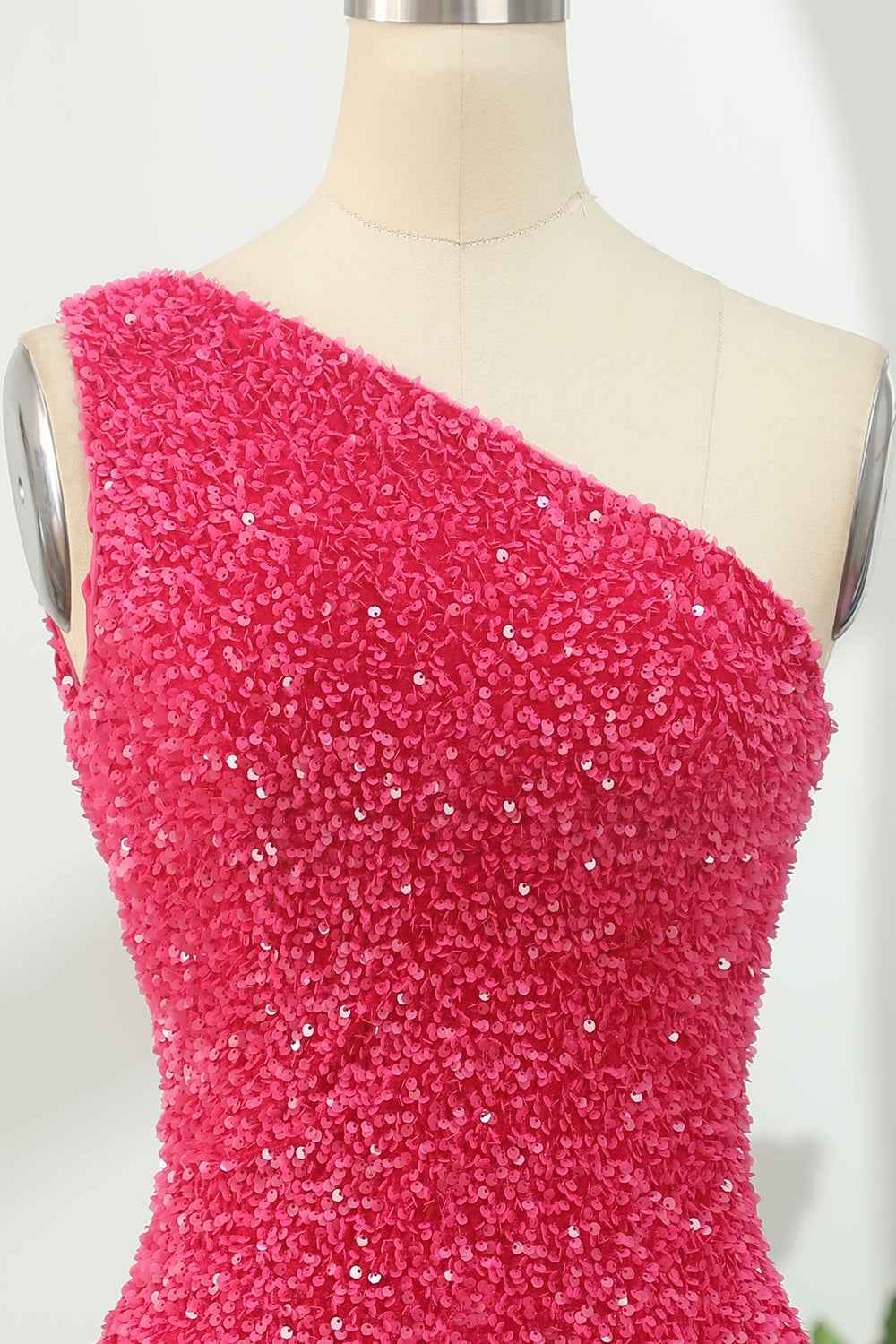 Hot Pink Open Sequins One Shoulder Tight Homecoming Dress Bmbride