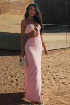 Pink Strapless Sleeveless Mermaid Split Long Prom Dress With Pleated