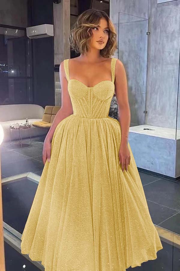Gorgeous Spaghetti Strap Sweetheart Sequins Prom Dress With Tulle BMBRIDE