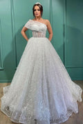 One-Shoulder Embroidered A-Line Lace Long Wedding Dress BM bride