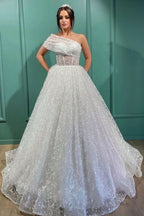 One-Shoulder Embroidered A-Line Lace Long Wedding Dress BM bride