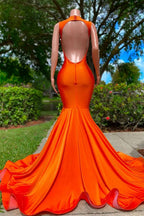 Bright Orange V Neck Sleeveless Mermaid Prom Dress with Appliques BM bride