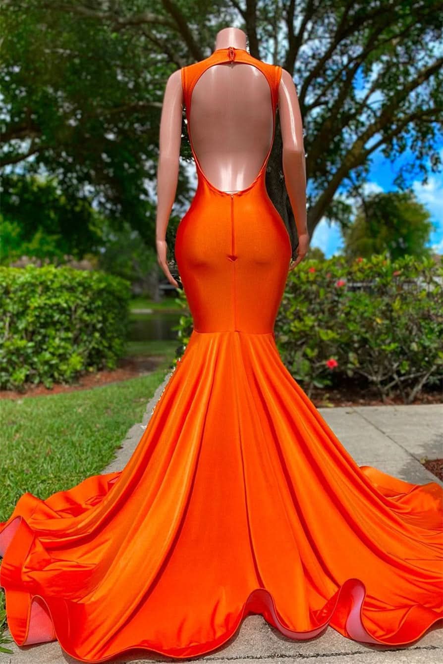 Bright Orange V Neck Sleeveless Mermaid Prom Dress with Appliques BM bride