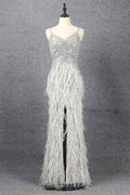 Hidaiss Luxury Sliver Mermaid Spaghetti Strap Prom Dress Split Sleeveless Feathers Beading
