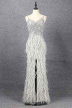 Hidaiss Luxury Sliver Mermaid Spaghetti Strap Prom Dress Split Sleeveless Feathers Beading