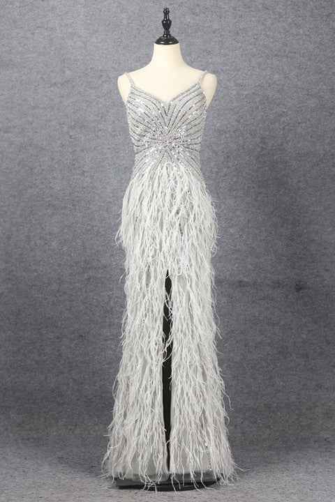 Hidaiss Luxury Sliver Mermaid Spaghetti Strap Prom Dress Split Sleeveless Feathers Beading