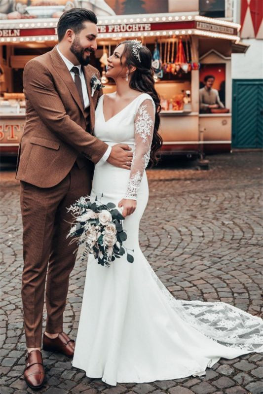 V-Neck Long Sleeve Lace Mermaid Wedding Dress BM bride