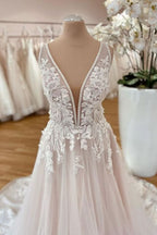 Elegant A-Line Wide Strap Tulle Floor-Length Wedding Dress with Floral Lace BM bride