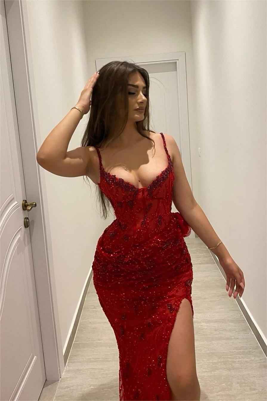 Stunning Red Sequins Spaghetti Strap Sleeveless Long Prom Dress With Split