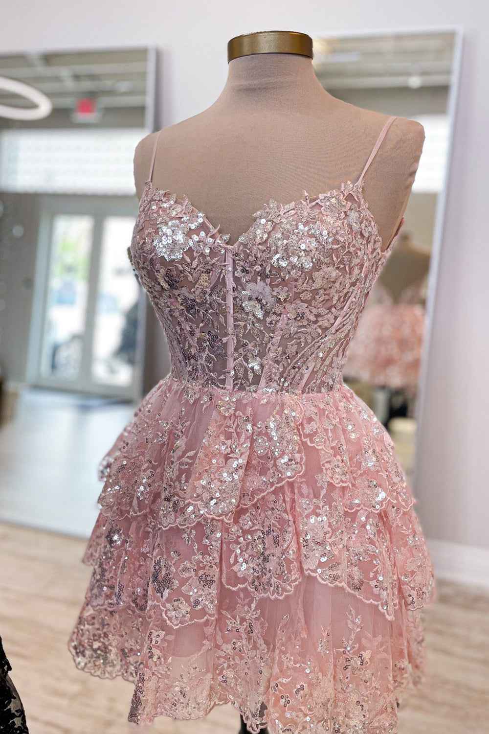 Sparkly Pink Corset Top Spaghetti Straps A-Line Lace Short Homecoming Dress Bmbride