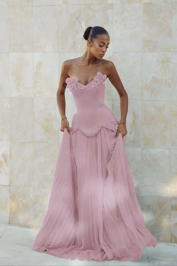 Stunning Strapless Sleeveless Long Prom Dress With Pleated Beading BMBRIDE