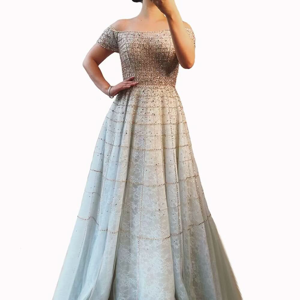 Sequined Off-Shoulder Prom Dress with Long Sleeve Pleated A-Line Design BM bride