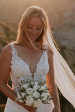 Modest Boho Long A-Line V-Neck Backless Lace Tulle Wedding Dress BM bride