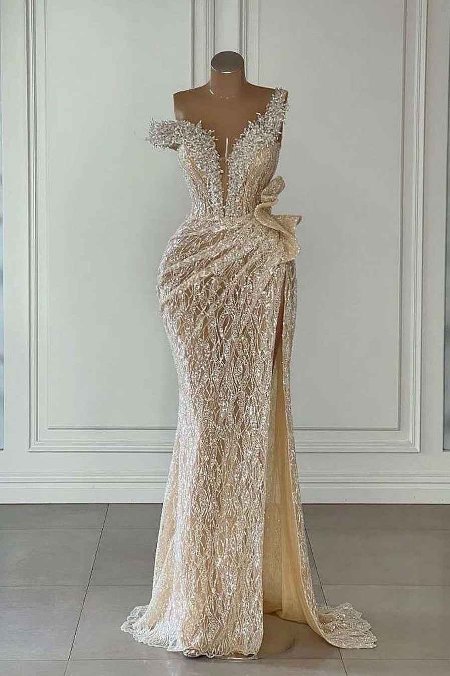 Sequins One Shoulder Sleeveless Long Mermaid Prom Dress With Split