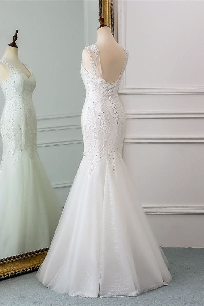 V-Neck Tulle Long Mermaid Wedding Dress with Beading BM bride