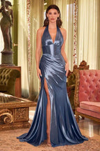 Halter Deep V Neck Sleeveless Mermaid Long Prom Dress With Split