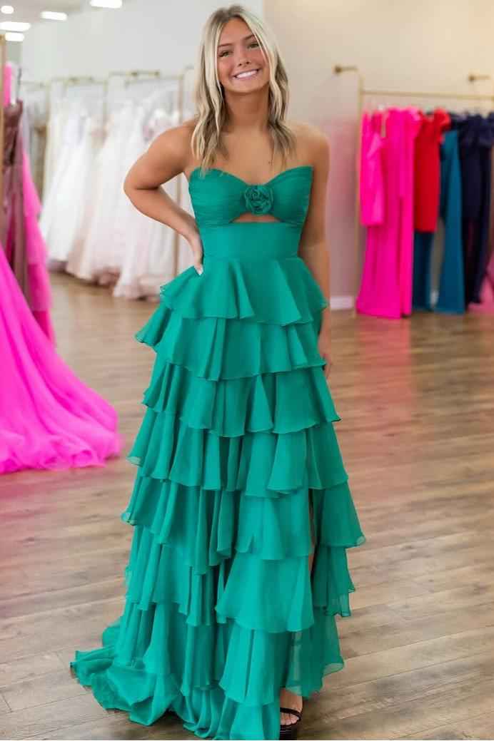 Strapless Sleeveless Long Split Prom Dress With Pleated Ruffles