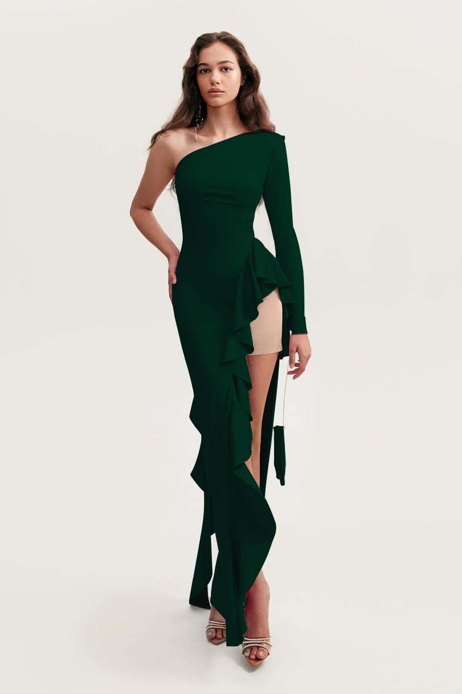 One Shoulder Long Sleeves High Split Long Prom Dress With Ruffles