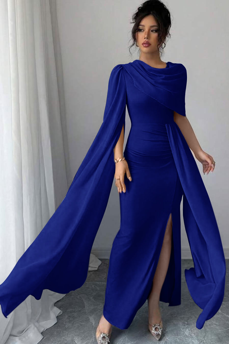 Sleeveless Jewel Neck Long Mermaid Prom Dress With Split Pleated