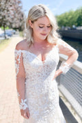 Stunning Off-the-Shoulder Long Sleeve Sweetheart Mermaid Wedding Dress with Lace Appliques BM bride