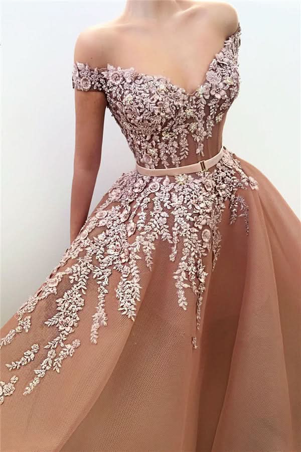 Elegant Off-the-Shoulder Appliqued V-Neck Mermaid Prom Dress with Belt BM bride
