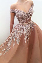 Elegant Off-the-Shoulder Appliqued V-Neck Mermaid Prom Dress with Belt BM bride