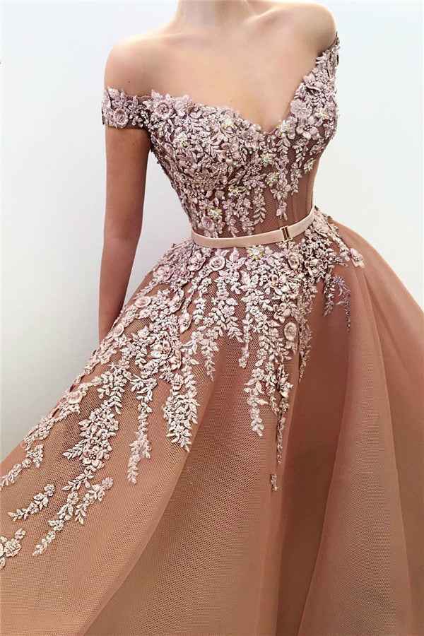 Off the Shoulder Sleeveless Appliques Elegant V Neck Long Prom Dress With Belt