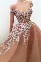 Off the Shoulder Sleeveless Appliques Elegant V Neck Long Prom Dress With Belt