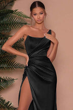 Chic Sleeveless One Shoulder Mermaid Long Split Evening Dress With Pleated