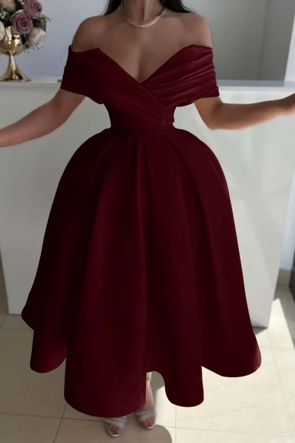 Off the Shoulder Sleeveless A Line Prom Dress With Pleated BMBRIDE