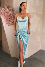 Long Strapless Sleeveless V Neck Sky Blue Pleated Prom Dress With High Split