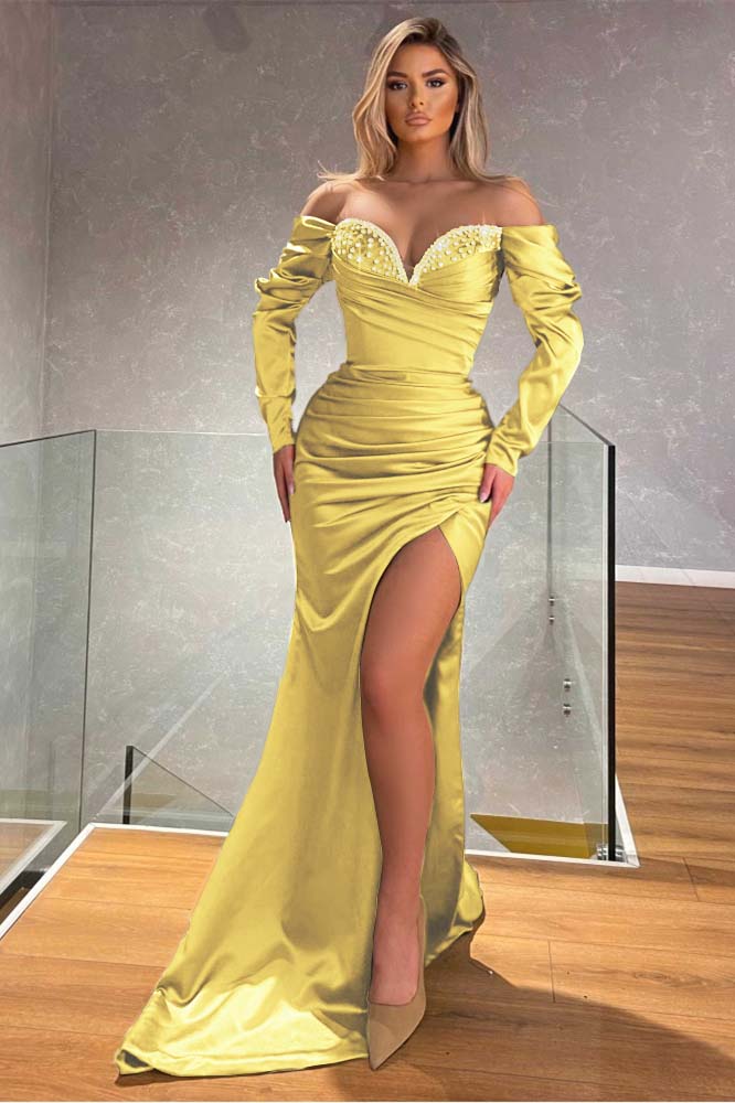 Off the Shoulder Long Sleeves Mermaid Long Prom Dress With Beading BMBRIDE